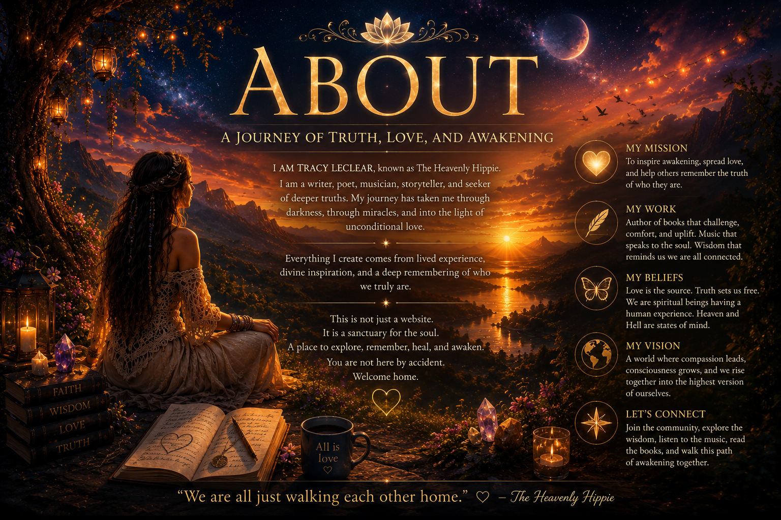 Golden spiritual landscape representing Tracy LeClear's creative journey