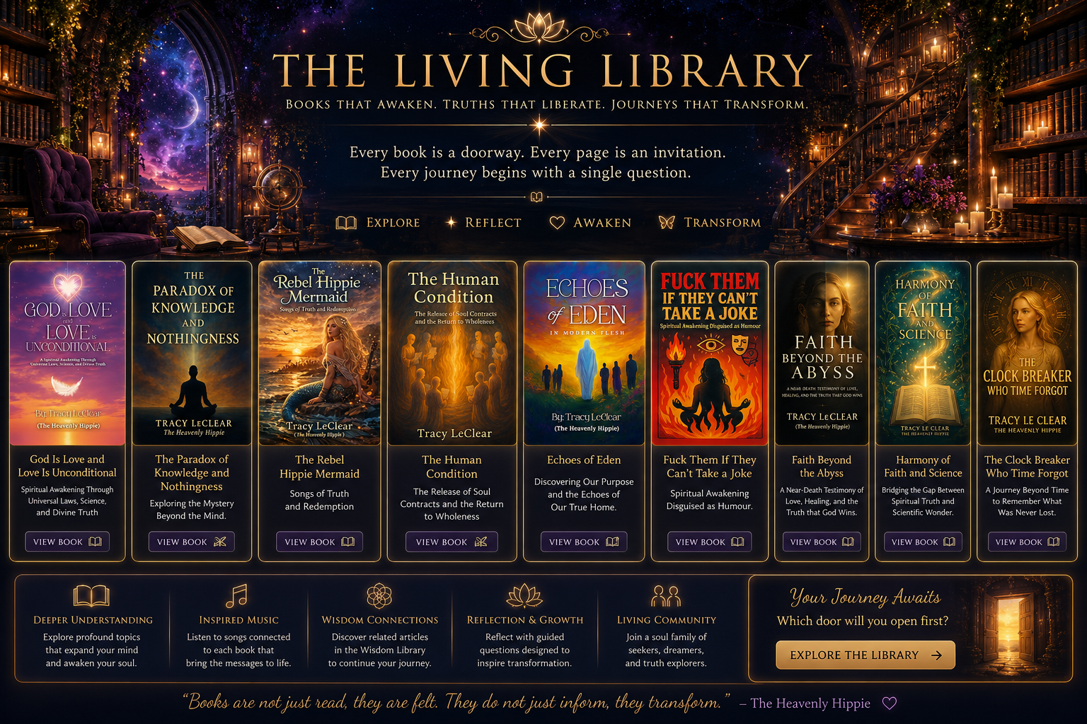 The Living Library filled with books, light, and celestial symbolism