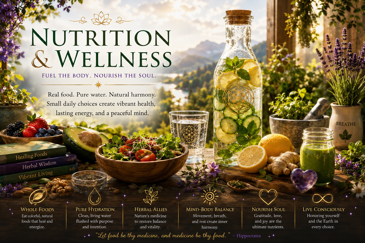 Colorful whole foods and balanced wellness practices
